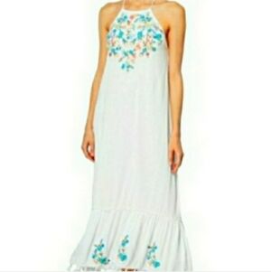 Anthropologie Raga Ashlyn Embroidered Hippie Flower Child Low Back Maxi Sz L